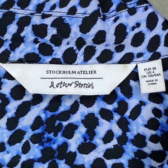 & Other Stories Leopard Midi Dress Blue Slit Tie - Picture 4 of 5